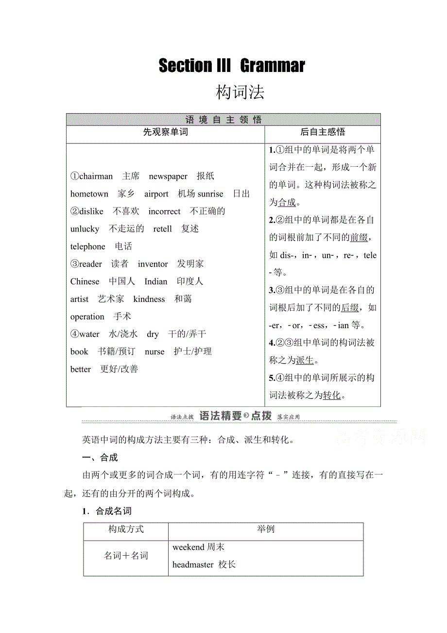 2020-2021学年人教版英语必修4教师用书：UNIT 5 SECTION Ⅲ GRAMMAR 构词法 WORD版含解析.doc_第1页