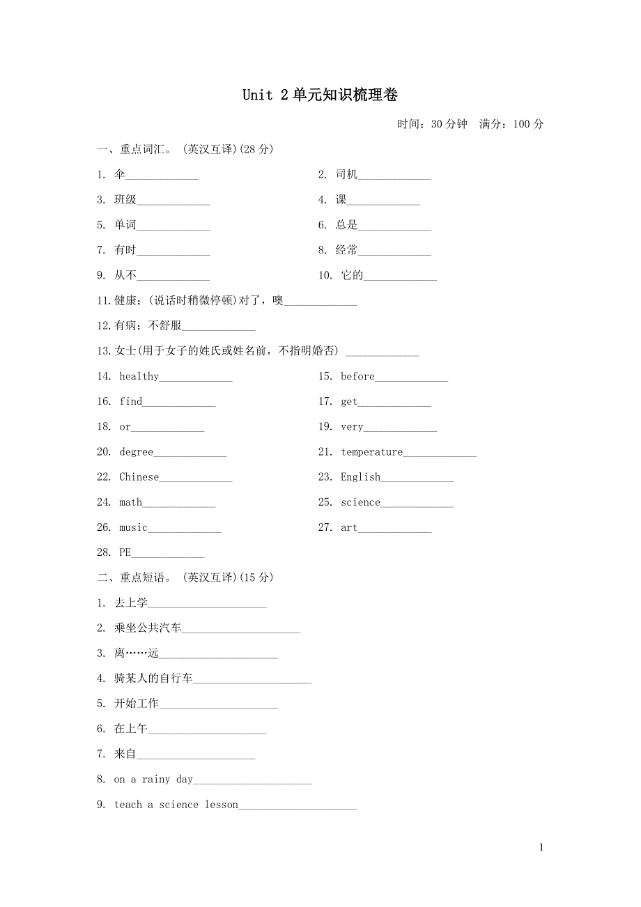 2021六年级英语上册Unit 2 School in Canada单元知识梳理卷（冀教版三起）.doc_第1页