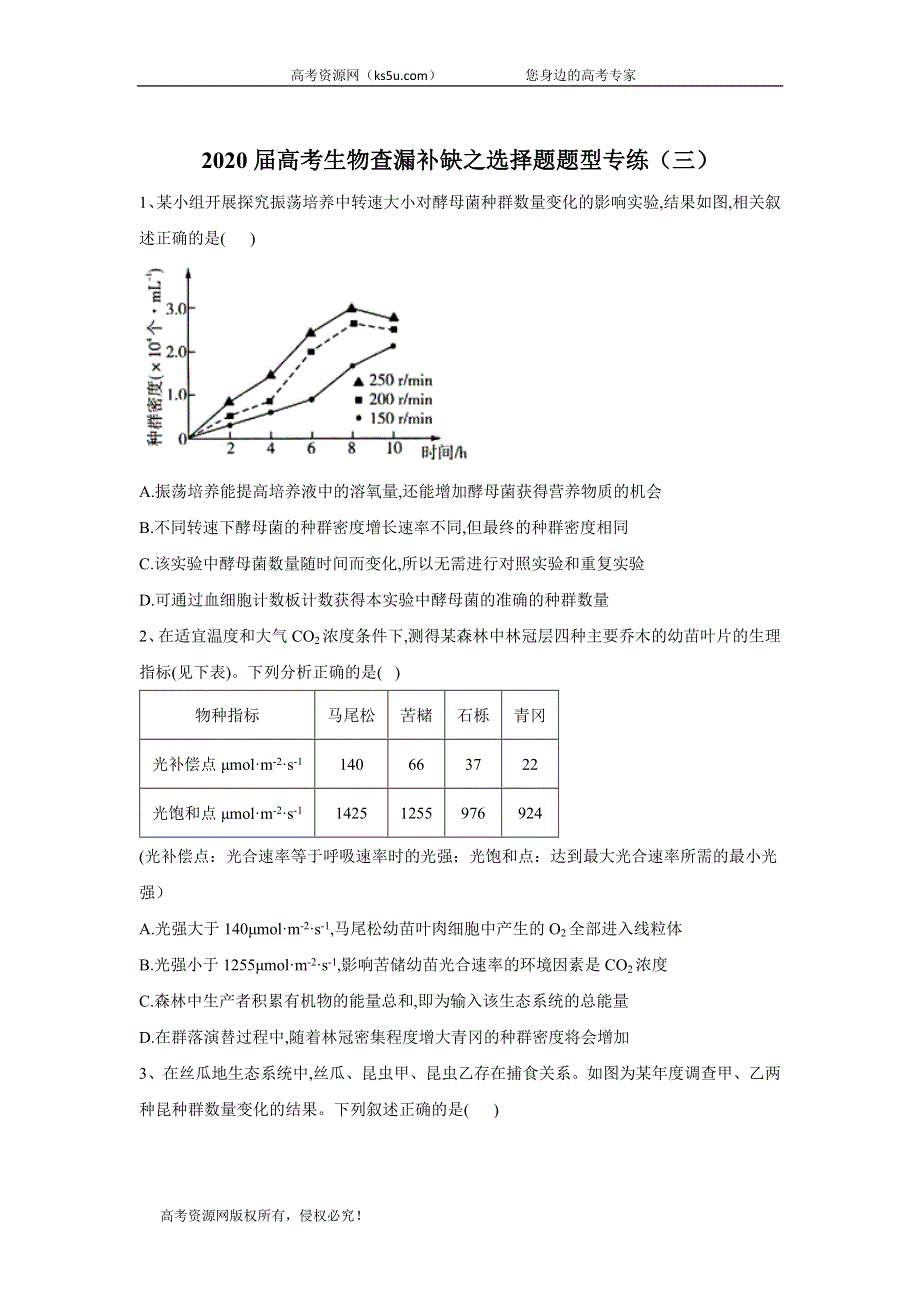 2020届高考二轮生物选择题题型专练（三） WORD版含答案.doc_第1页