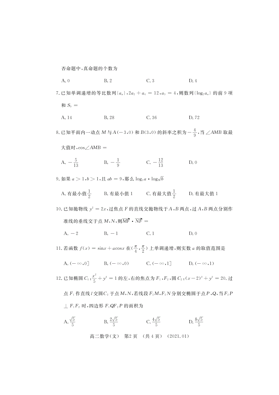 河南省洛阳市2020-2021学年高二上学期期末考试数学（文）试题 PDF版含答案.pdf_第2页