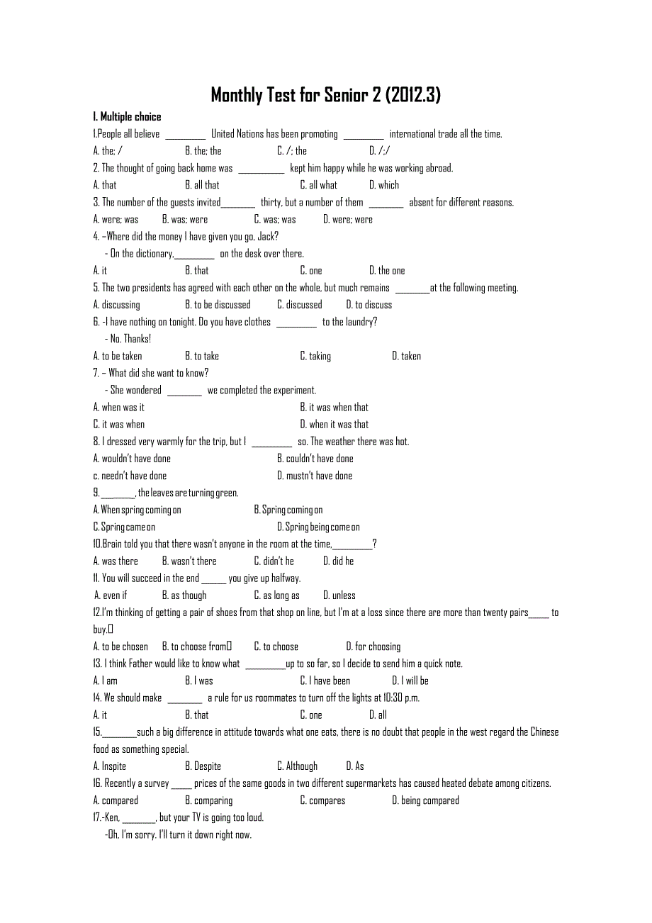 四川省成都外国语学校2011—2012学年高二下学期3月月考（英语）.doc_第1页