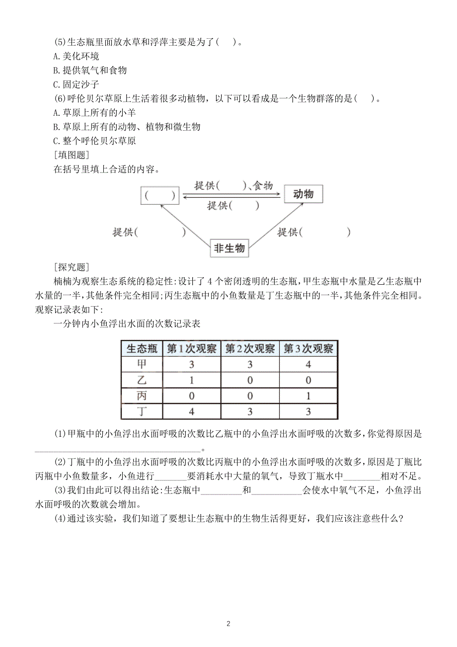 小学科学教科版五年级下册第一单元第7课《设计和制作生态瓶》同步练习（附参考答案）（2022新版）.docx_第2页