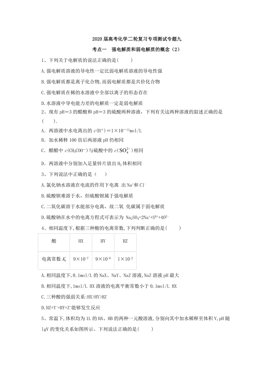 2020届高考化学二轮复习专项测试：专题九 考点一 强电解质和弱电解质的概念 （2） WORD版含答案.doc_第1页