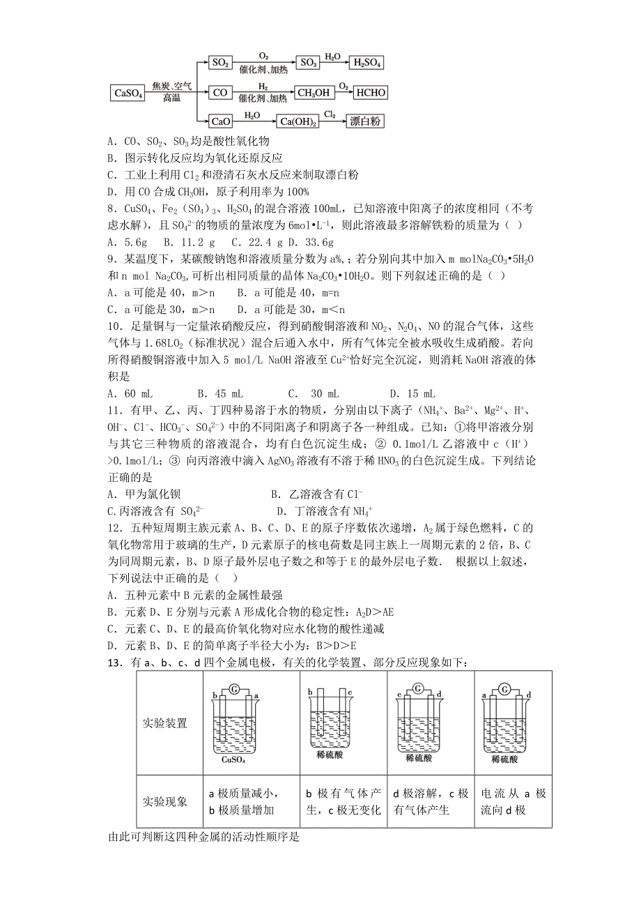 2016-2017学年度滕州市二中新校高三第一学期化学一轮复习模拟题（一） WORD版含答案.doc_第2页