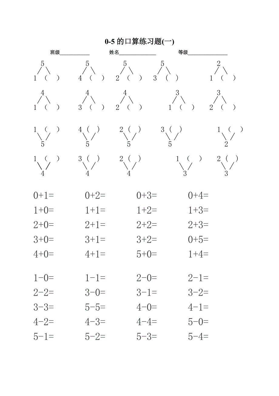 人教版一年级上数学0-5以内加减法口算练习题1.doc_第1页