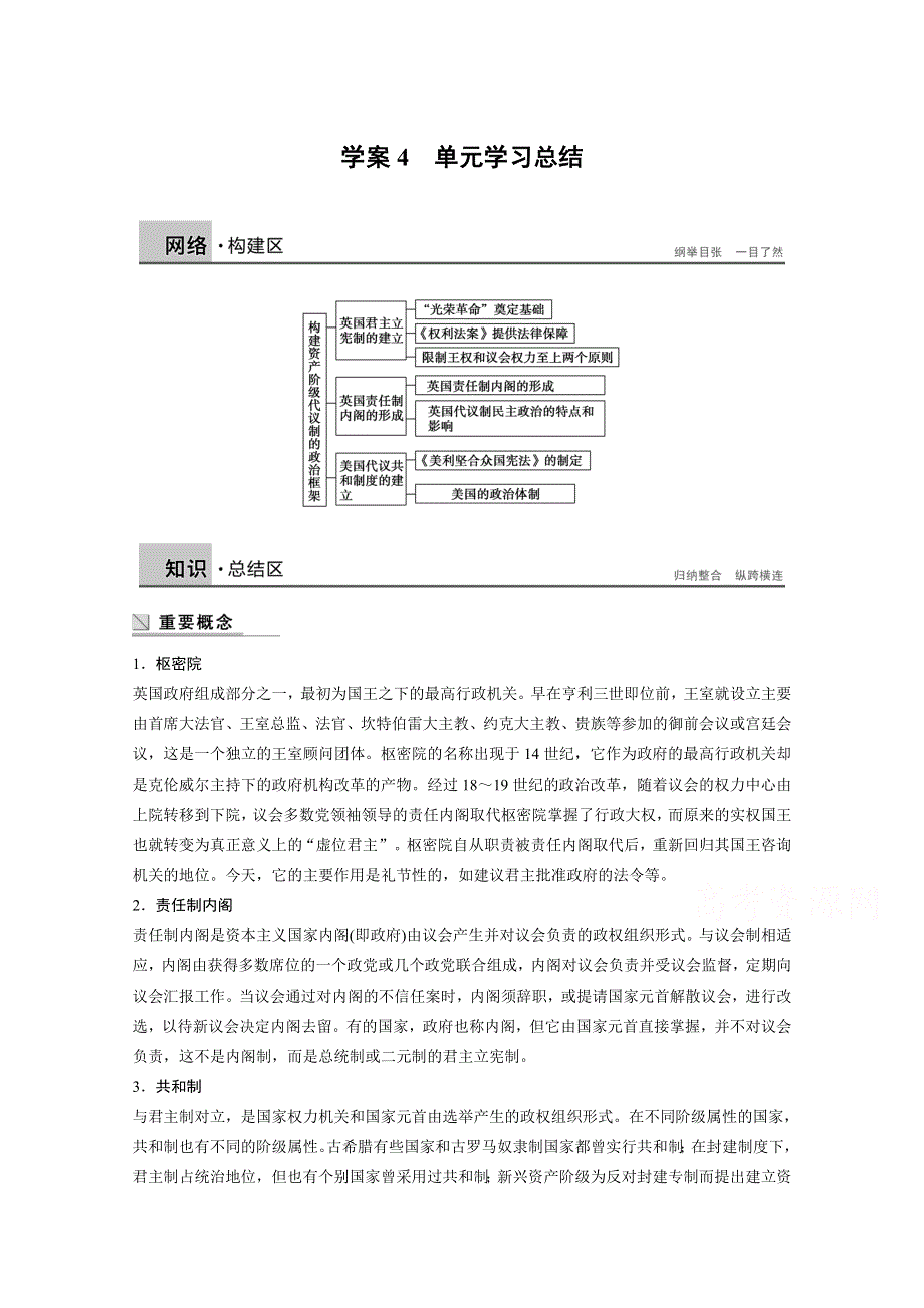 《人教版》历史选修二：第4单元《构建资产阶级代议制的政治框架》复习学案 WORD版含答案.doc_第1页