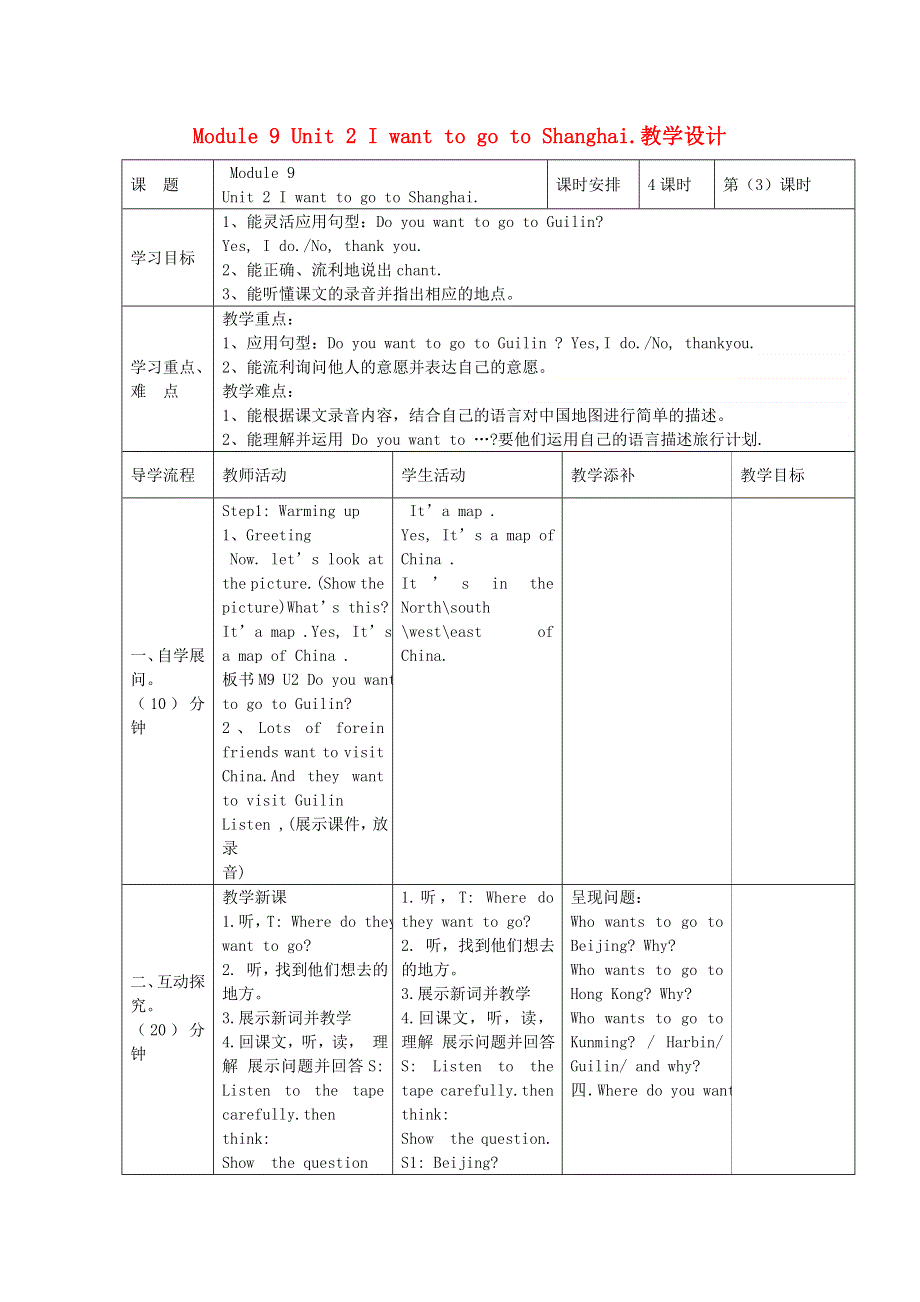 2021六年级英语上册 Module 9 Unit 2 I want to go to Shanghai第3课时教学设计 外研版（三起）.doc_第1页