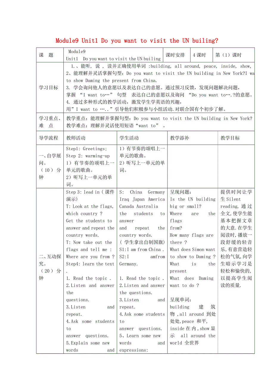 2021六年级英语上册 Module 9 Unit 1 Do you want to visit the UN builing第1课时教学设计 外研版（三起）.doc_第1页