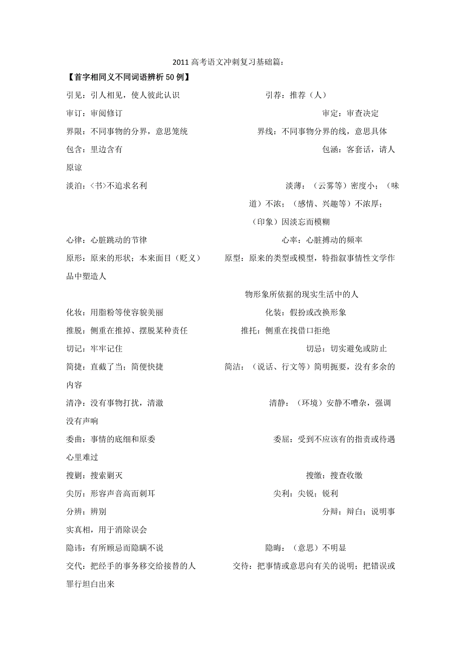 2011高考语文冲刺复习基础篇：首字相同义不同词语辨析50例.doc_第1页