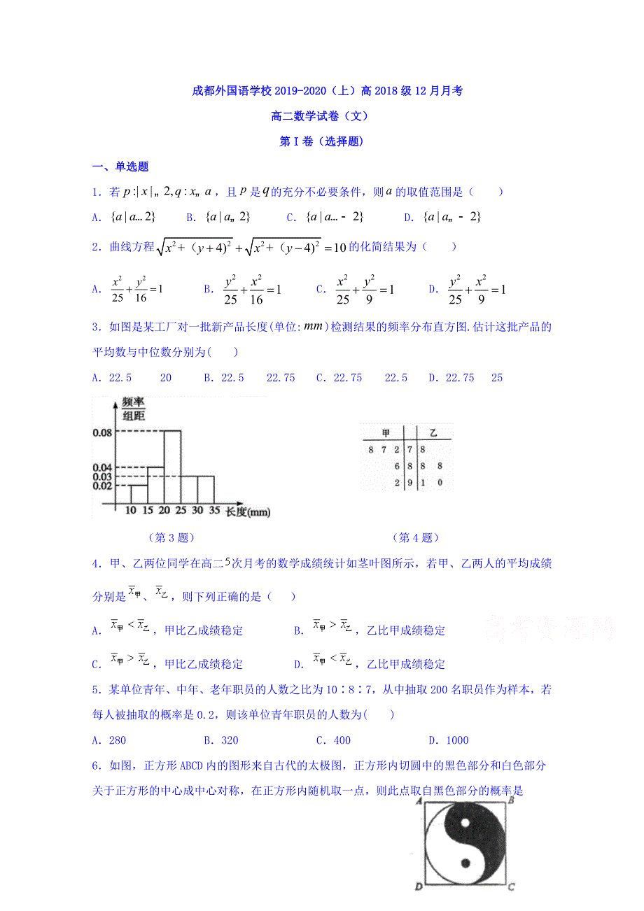 四川省成都外国语学校2019-2020学年高二12月月考数学（文）试题 WORD版缺答案.doc_第1页