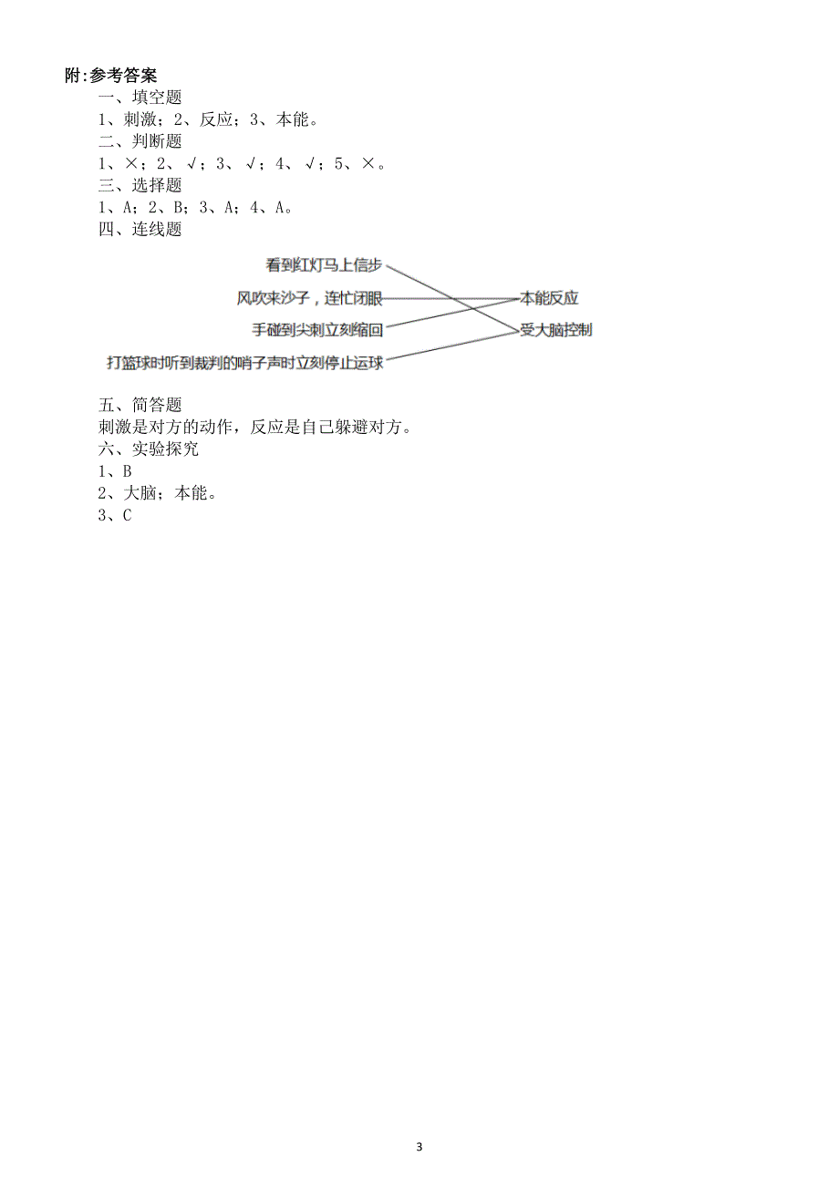 小学科学苏教版五年级上册第五单元第17课《刺激与反应》同步练习（2021新版附参考答案）.docx_第3页