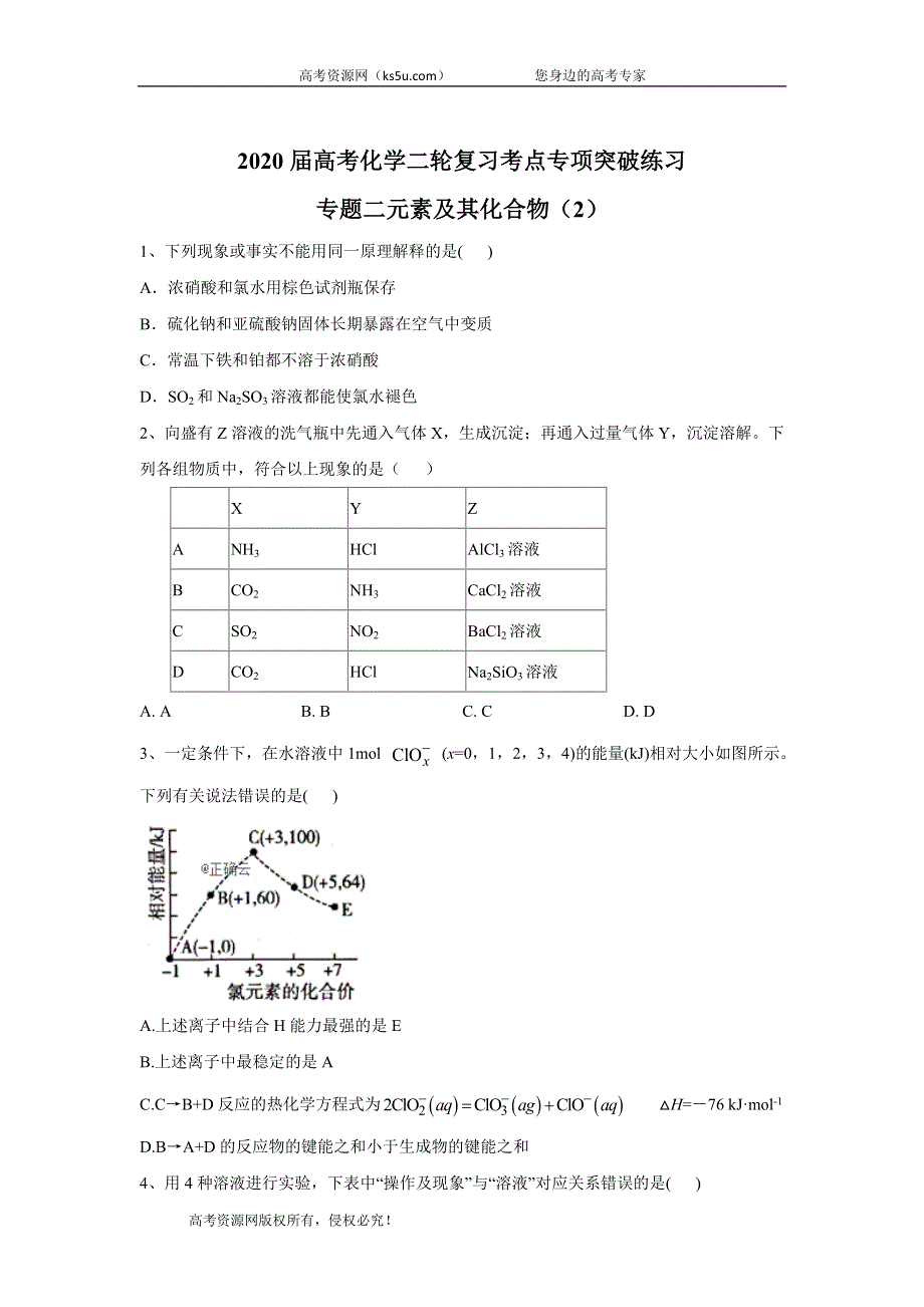 2020届高考化学二轮复习考点专项突破练习：专题二元素及其化合物（2） WORD版含答案.doc_第1页