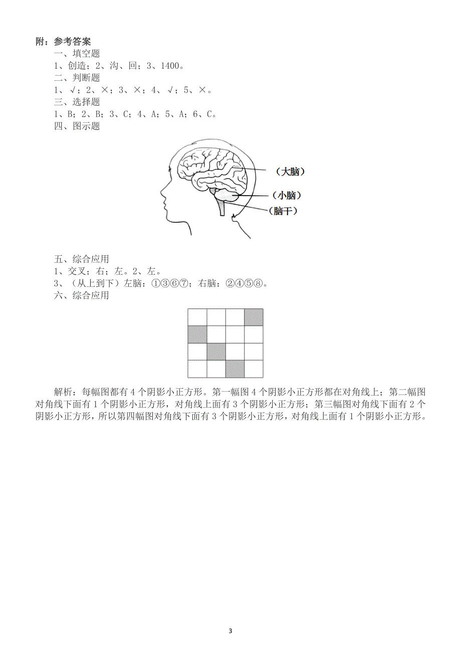 小学科学苏教版五年级上册第五单元第19课《我们的大脑》同步练习（2021新版附参考答案）.docx_第3页