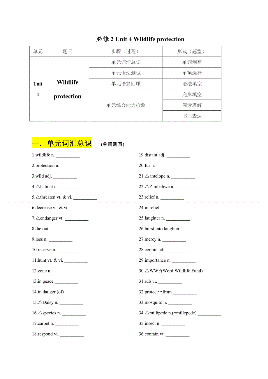 2020-2021学年人教版高一上学期英语期末单元基础测试：必修2 UNIT4 WILDLIFE PROTECTION WORD版含解析.doc_第1页