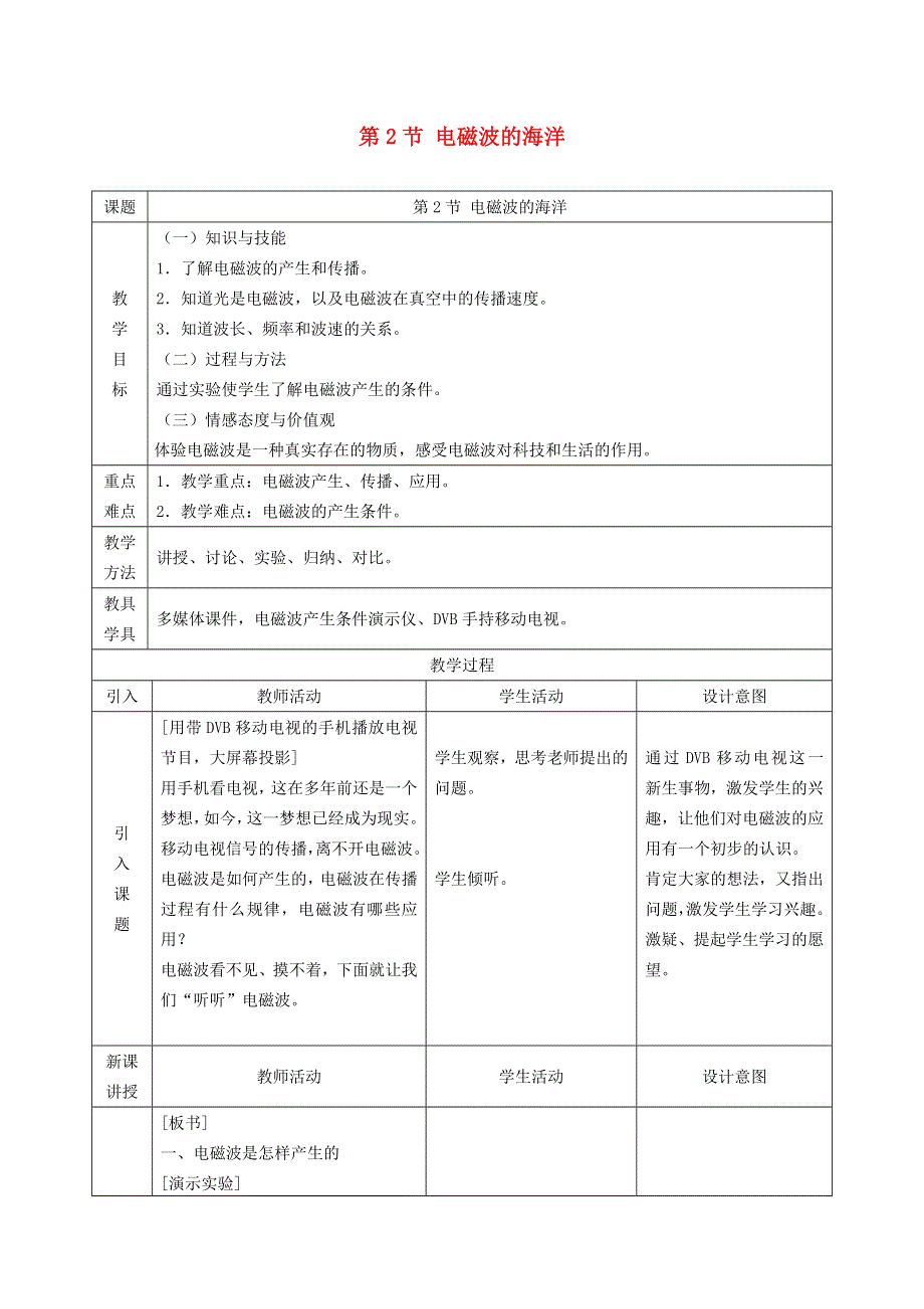 2022九年级物理全册 第二十一章 信息的传递 第2节 电磁波的海洋教学设计2 （新版）新人教版.doc_第1页