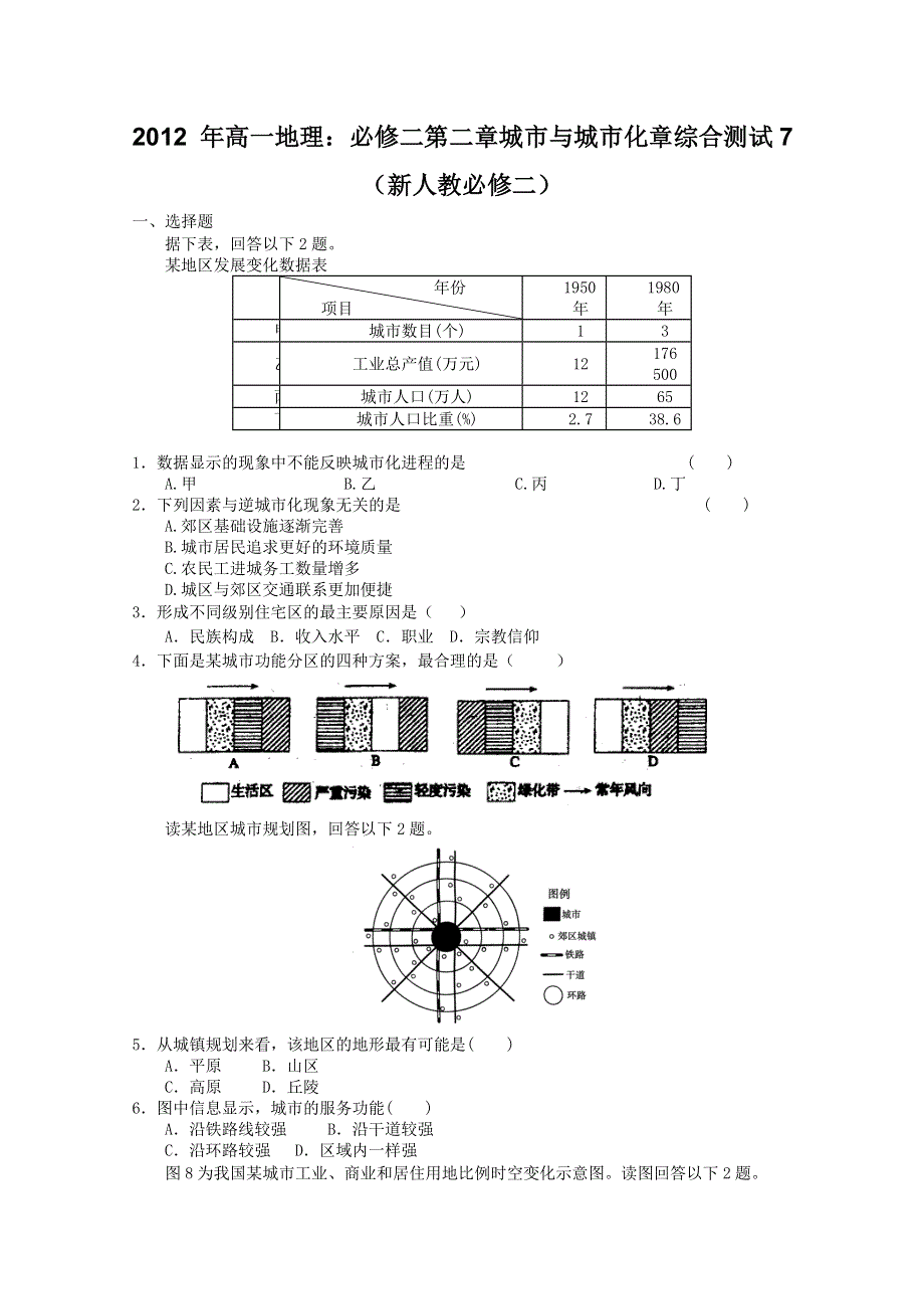 2012 年高一地理：必修二第二章城市与城市化章综合测试7（新人教必修二）.doc_第1页