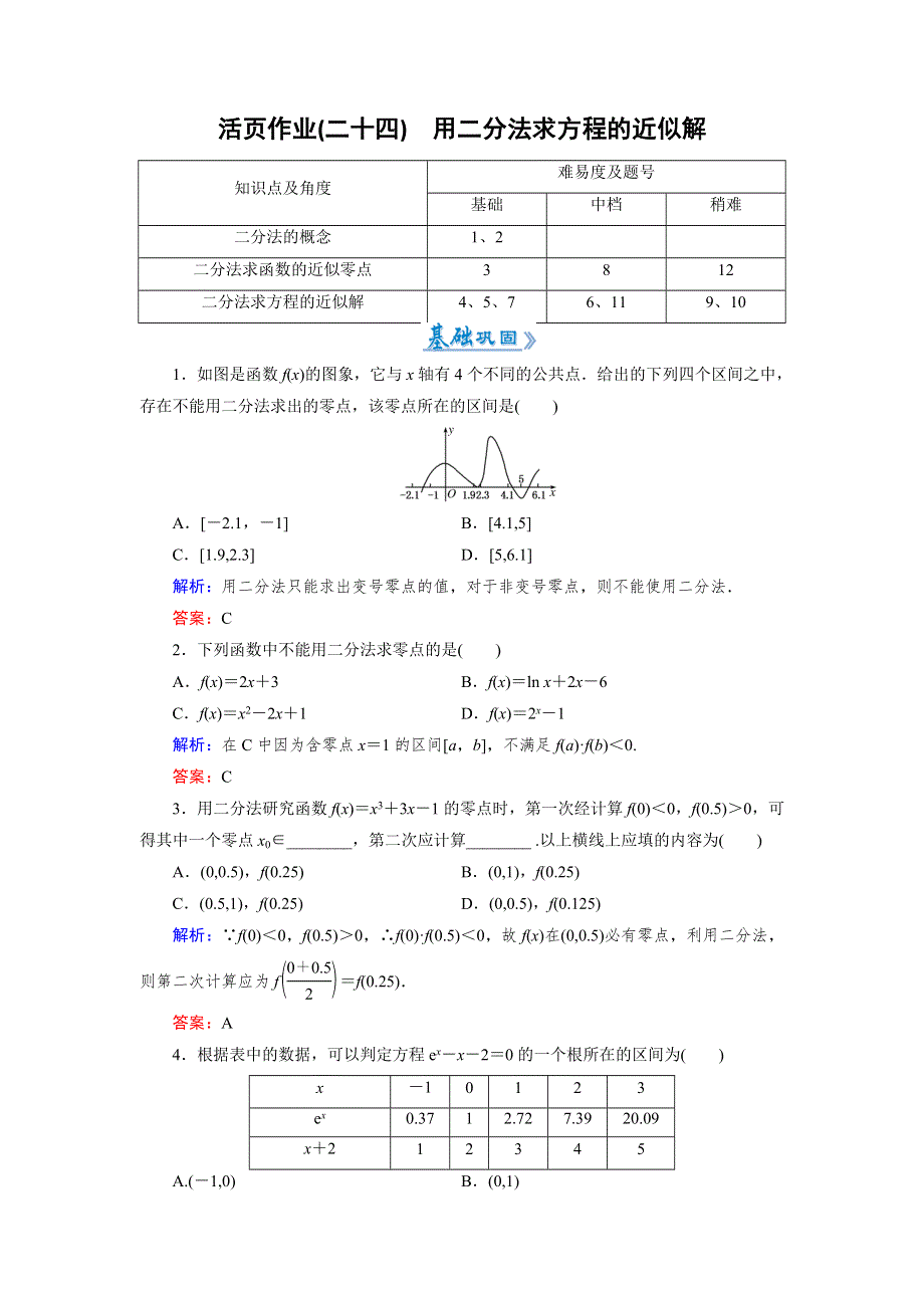 《优化指导》2015-2016学年高一数学人教A版必修1活页课时作业：3.1.2 用二分法求方程的近似解 WORD版含解析.doc_第1页