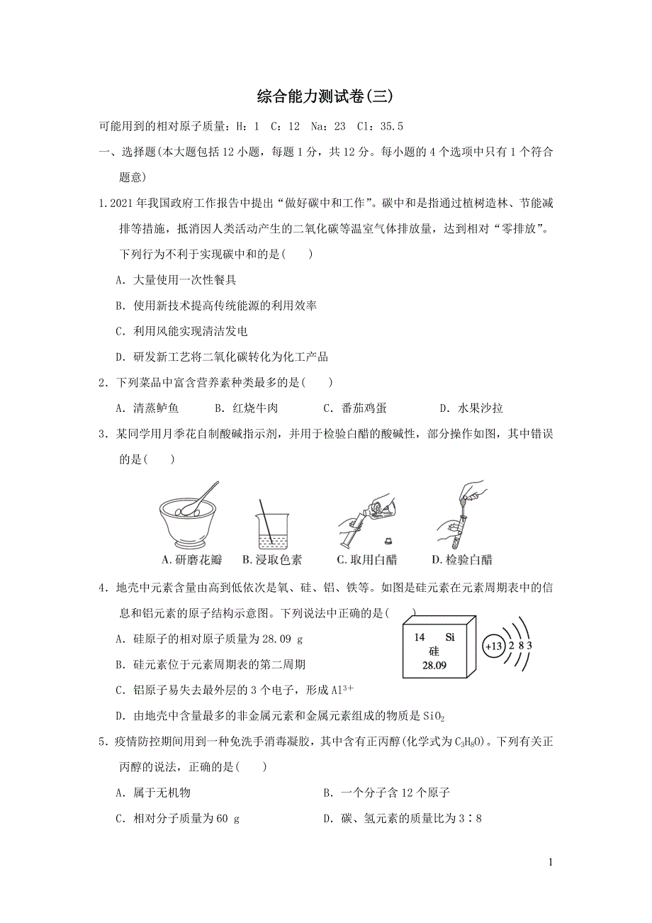 2022九年级化学下册综合能力测试卷三2（新人教版）.doc_第1页