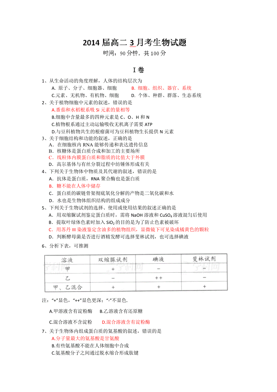 四川省成都七中（实验学校）2014届高二3月月考生物卷.doc_第1页