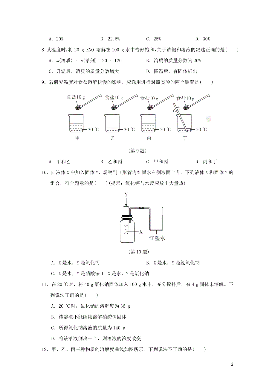 2022九年级化学全册第一单元溶液达标检测卷（鲁教版五四制）.doc_第2页