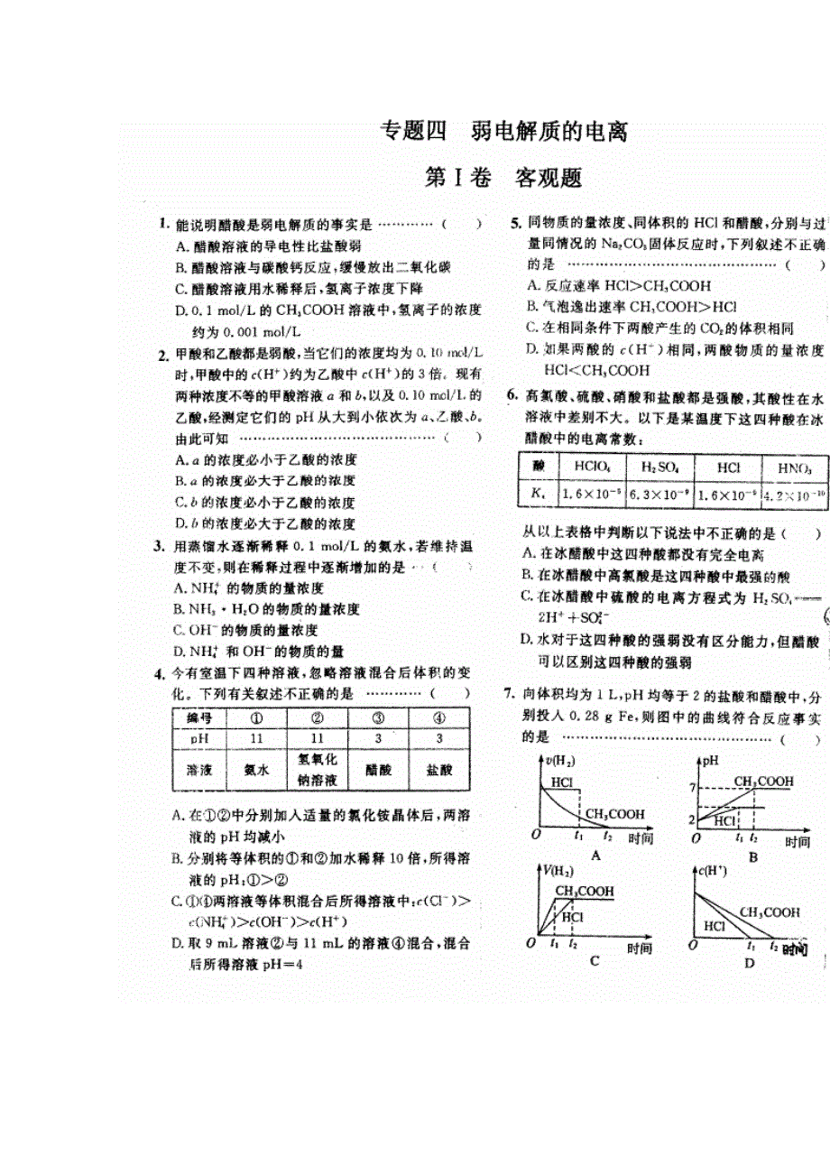 四川省成都七中高二化学《专题4弱电解质的电离》练习题.doc_第1页