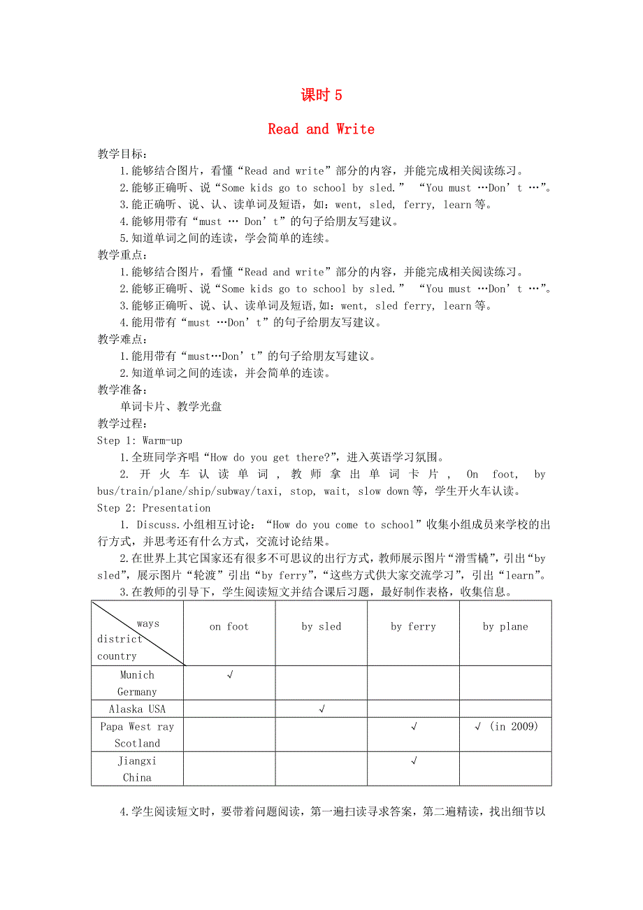 2021六年级英语上册 Unit 2 Ways to go to school课时5 Read and Write教案 人教PEP.doc_第1页