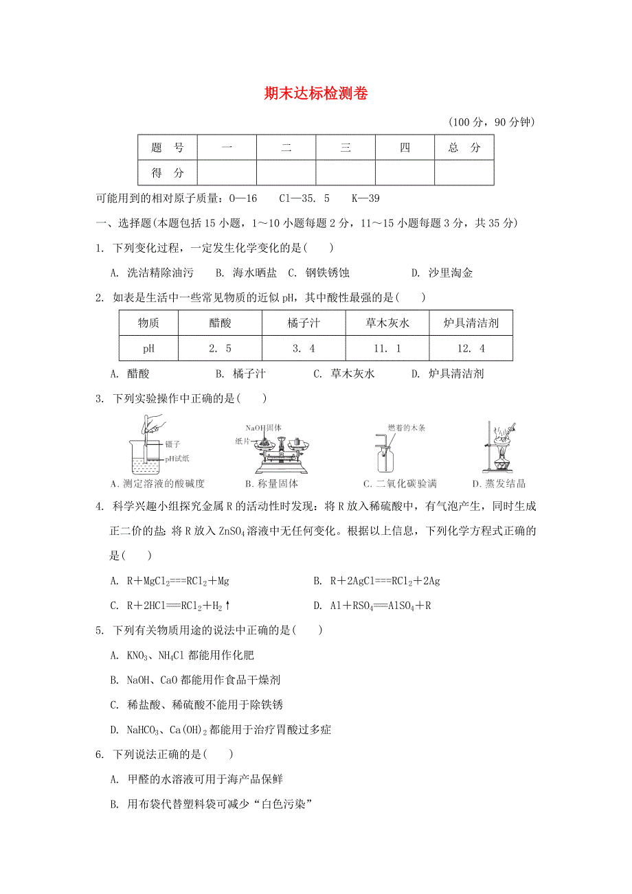 2022九年级化学下学期期末达标测试卷（新版）新人教版.doc_第1页