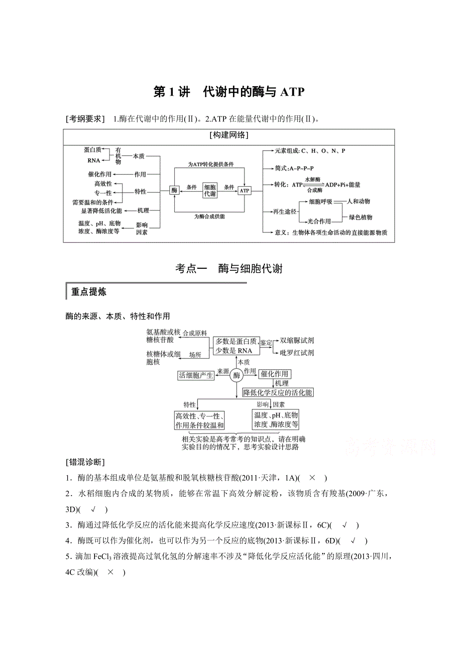 人教版2016年高三第二轮复习 专题二 第1讲 代谢中的酶与ATP.doc_第1页