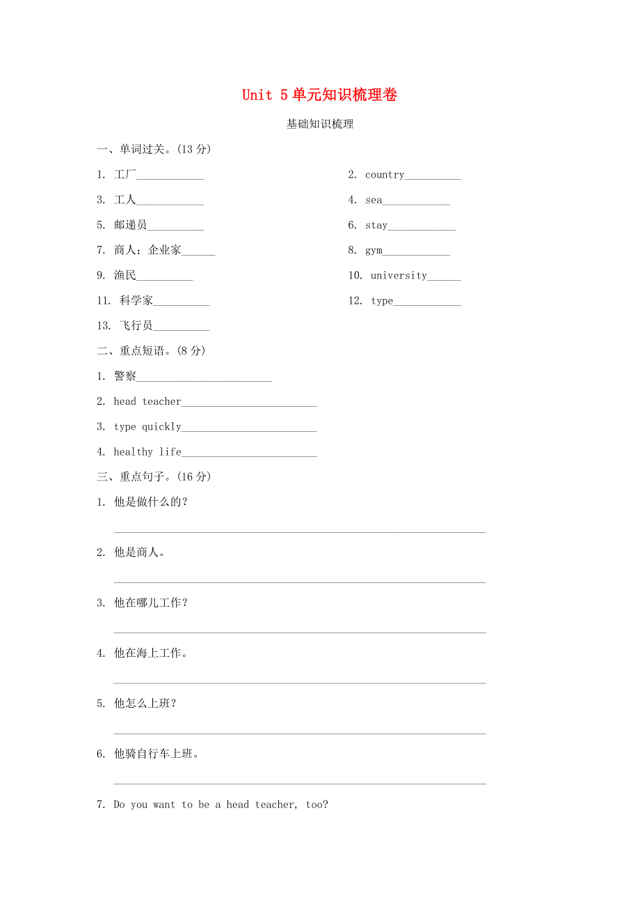 2021六年级英语上册 Unit 5 What does he do单元知识梳理卷 人教PEP.doc_第1页