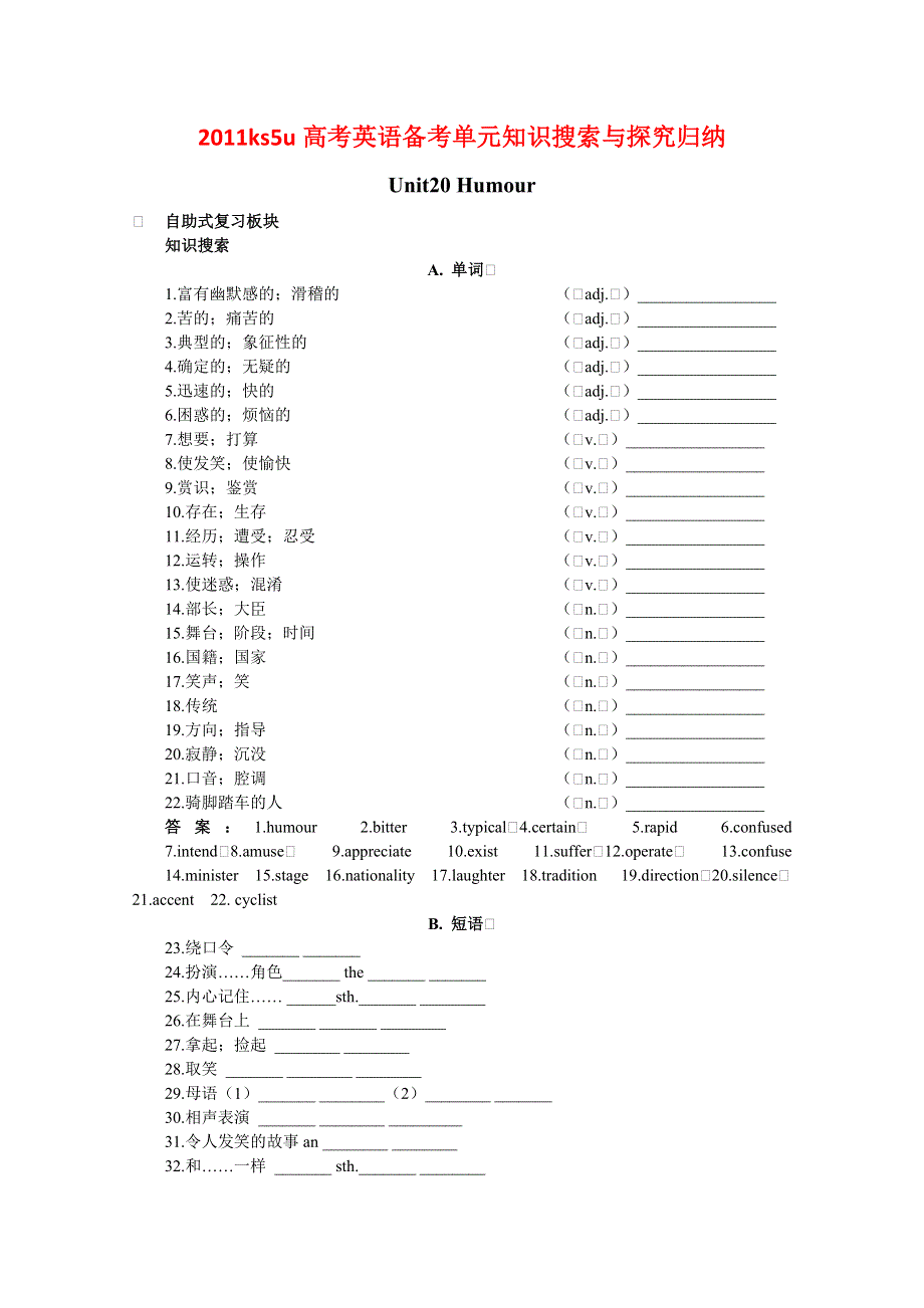 2011高考英语备考BOOKI UNIT20 HUMOUR：知识搜索与探究归纳.doc_第1页