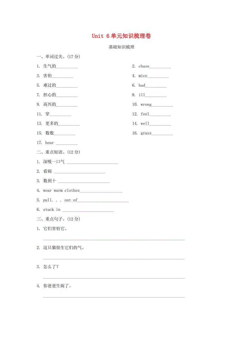 2021六年级英语上册 Unit 6 How do you feel单元知识梳理卷 人教PEP.doc_第1页