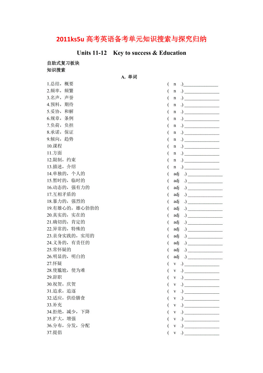 2011高考英语备考BOOKIII UNITS 11-12：知识搜索与探究归纳.doc_第1页