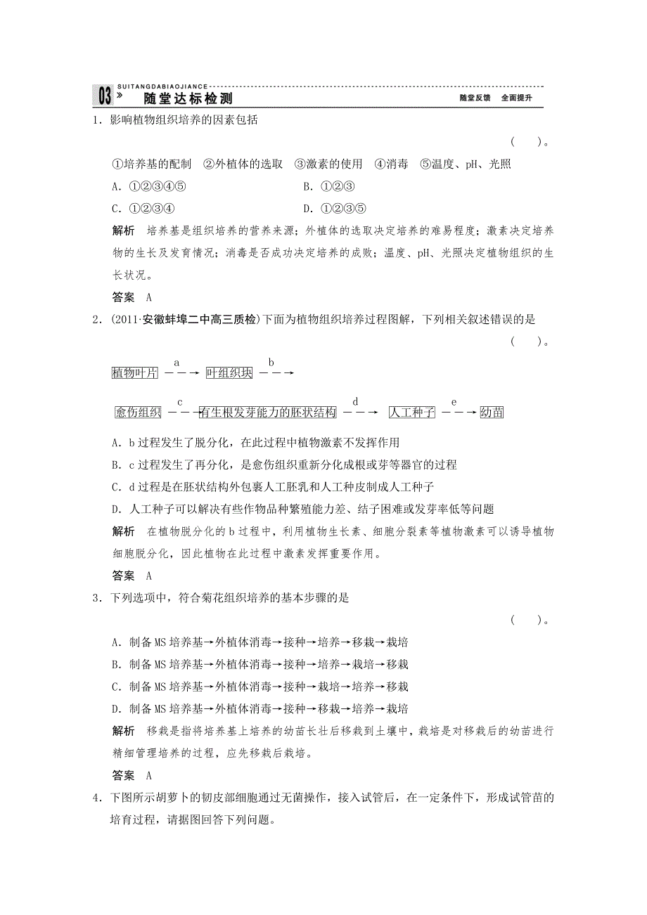 2013年高中生物（人教版）同步习题：3-1菊花的组织培养 随堂达标检测（选修1） WORD版含答案.doc_第1页