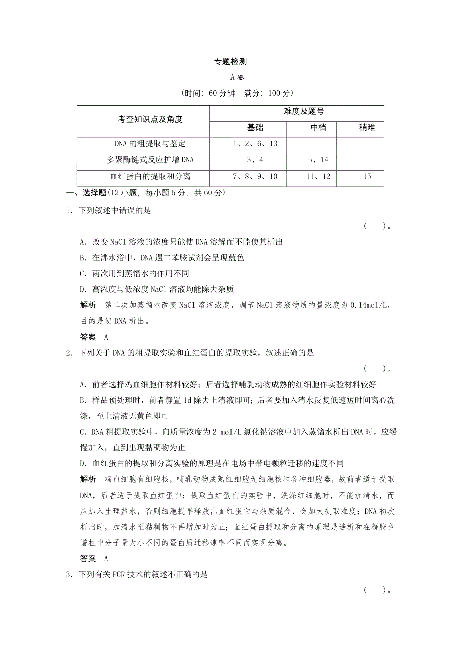 2013年高中生物（人教版）同步习题：专题5《DNA的蛋白质技术》专题整合（选修1） WORD版含答案.doc_第1页