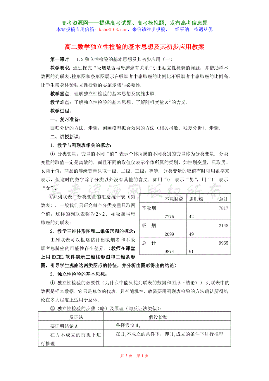 新人教高二数学独立性检验的基本思想及其初步应用教案A版.doc_第1页