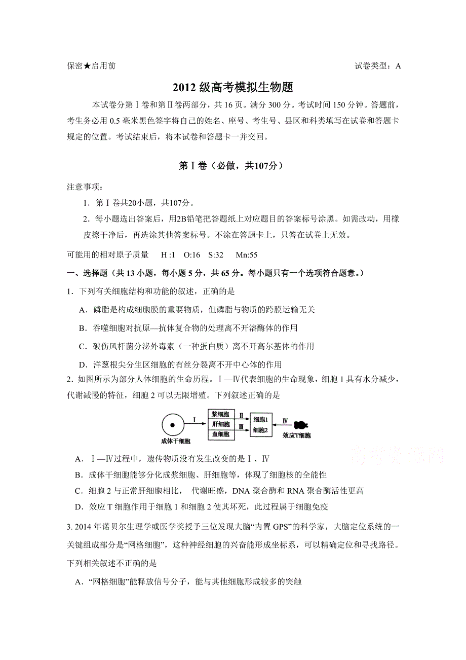 山东省师范大学附属中学2015届第九次高考模拟理综生物试题 WORD版含答案.doc_第1页