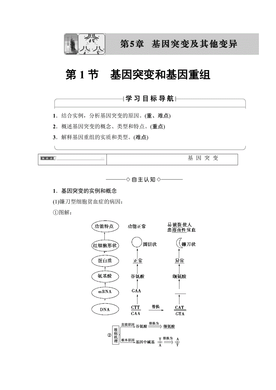 2018版高中课堂新坐标生物人教版必修二同步讲义：第5章 第1节 基因突变和基因重组 WORD版含答案.doc_第1页