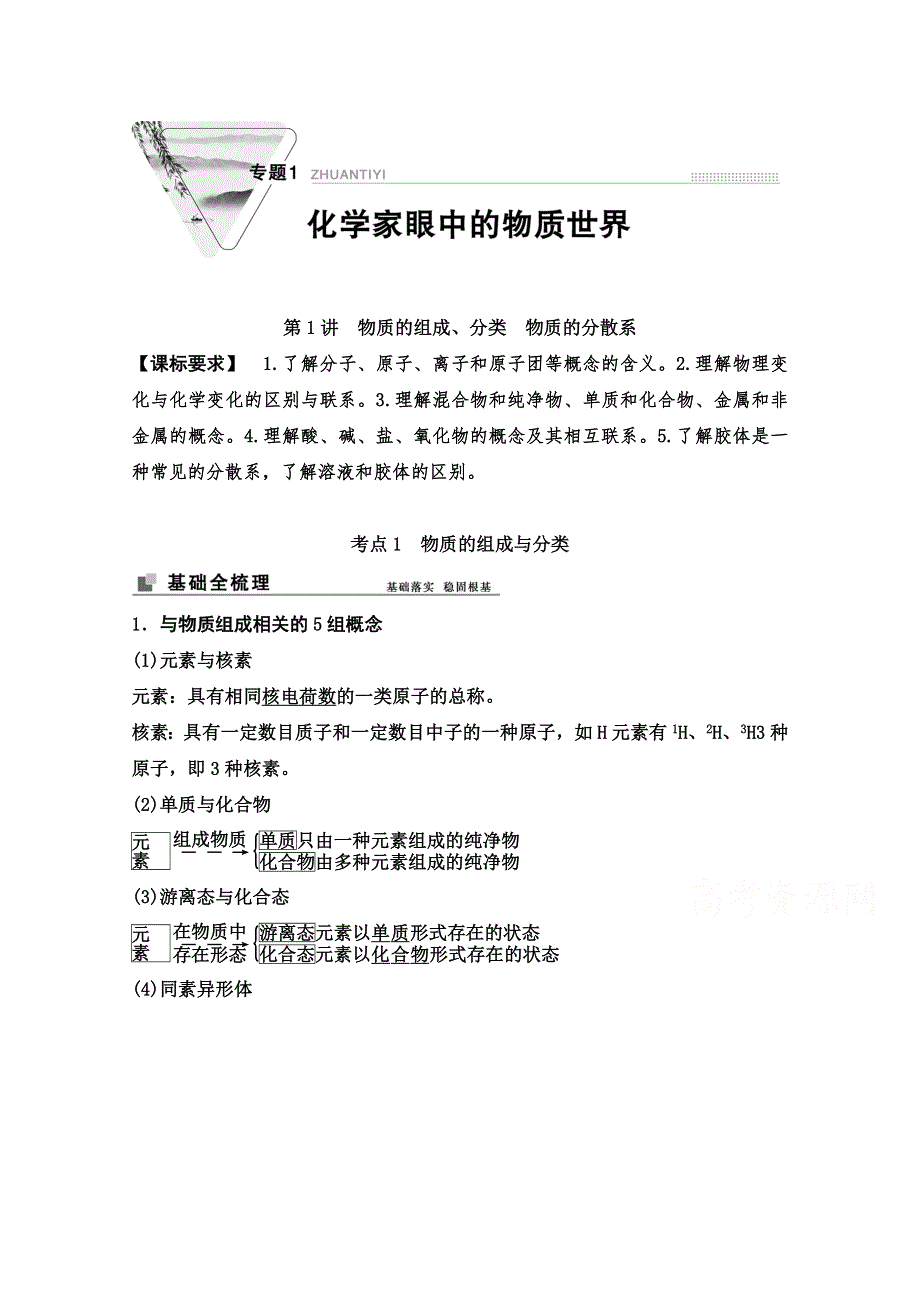 2022届新高考化学苏教版一轮学案：第1讲　物质的组成、分类　物质的分散系 WORD版含解析.doc_第1页