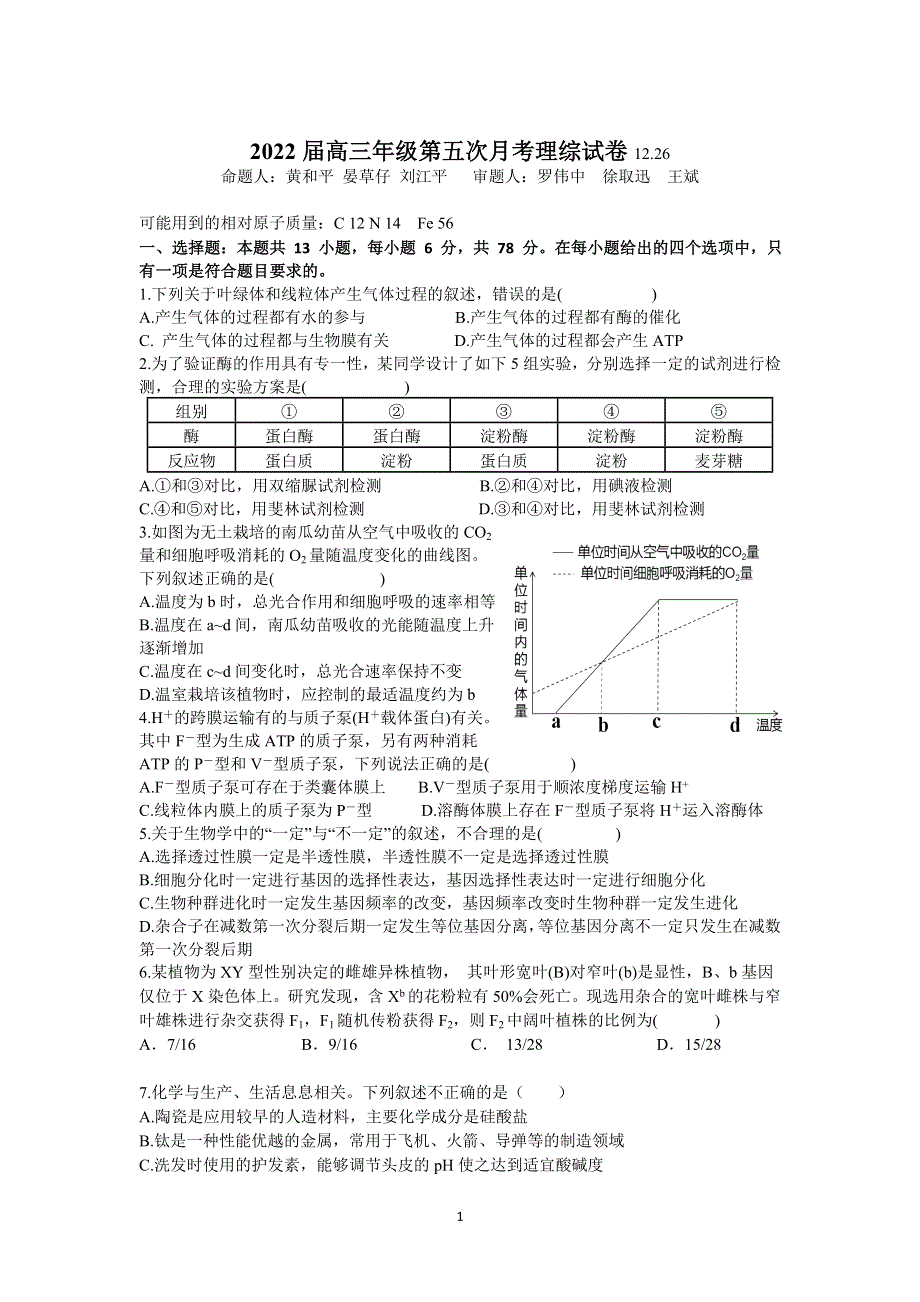 《发布》江西省宜春市上高二中2022届高三上学期第五次月考试题 理科综合 WORD版含答案.doc_第1页