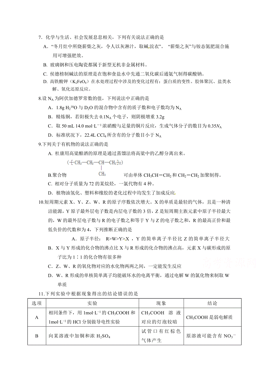 山东省师范大学附属中学2018届高三第十一次模拟化学试题 WORD版含答案.doc_第1页