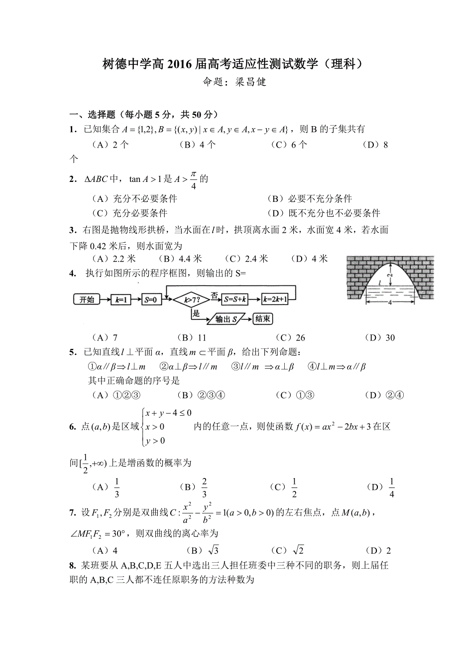 四川省树德中学高2016届高考适应性测试数学（理）试题（6月1日） WORD版含答案.doc_第1页