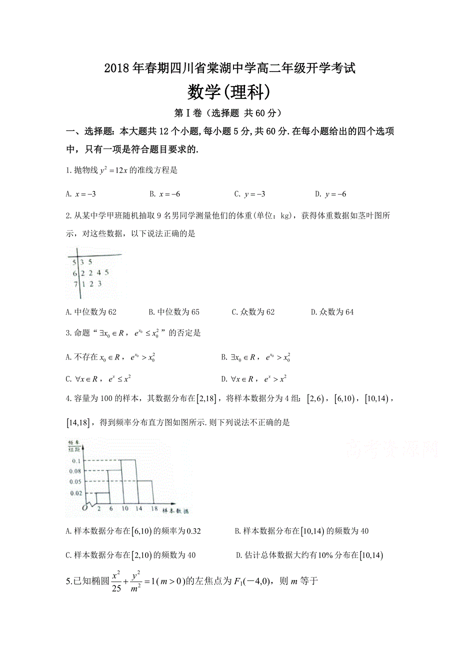 四川省棠湖中学2017-2018学年高二下学期开学考试数学（理）试题 WORD版含答案.doc_第1页