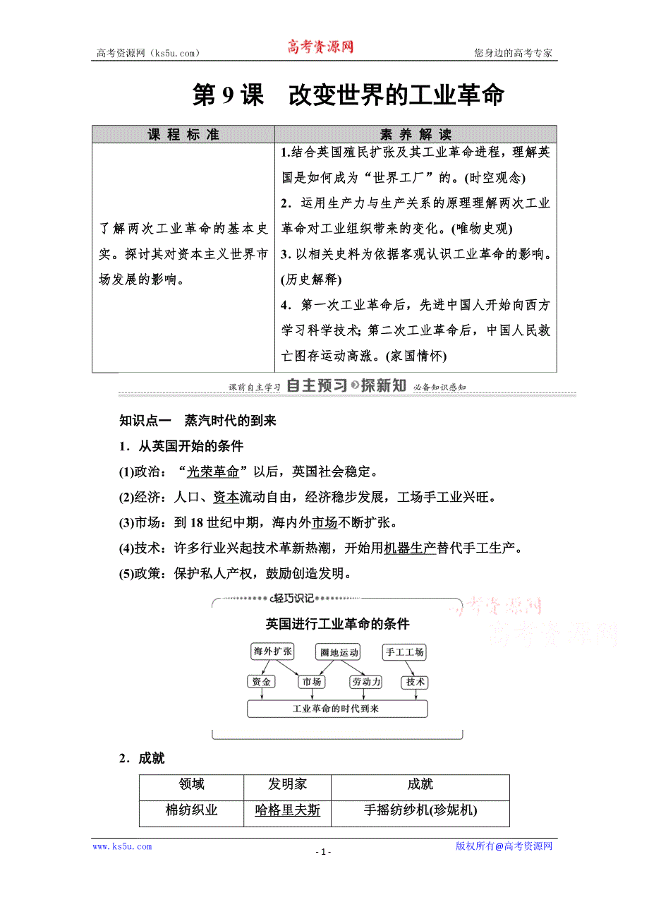 2020-2021学年岳麓历史必修2教师用书：第2单元 第9课　改变世界的工业革命 WORD版含解析.doc_第1页