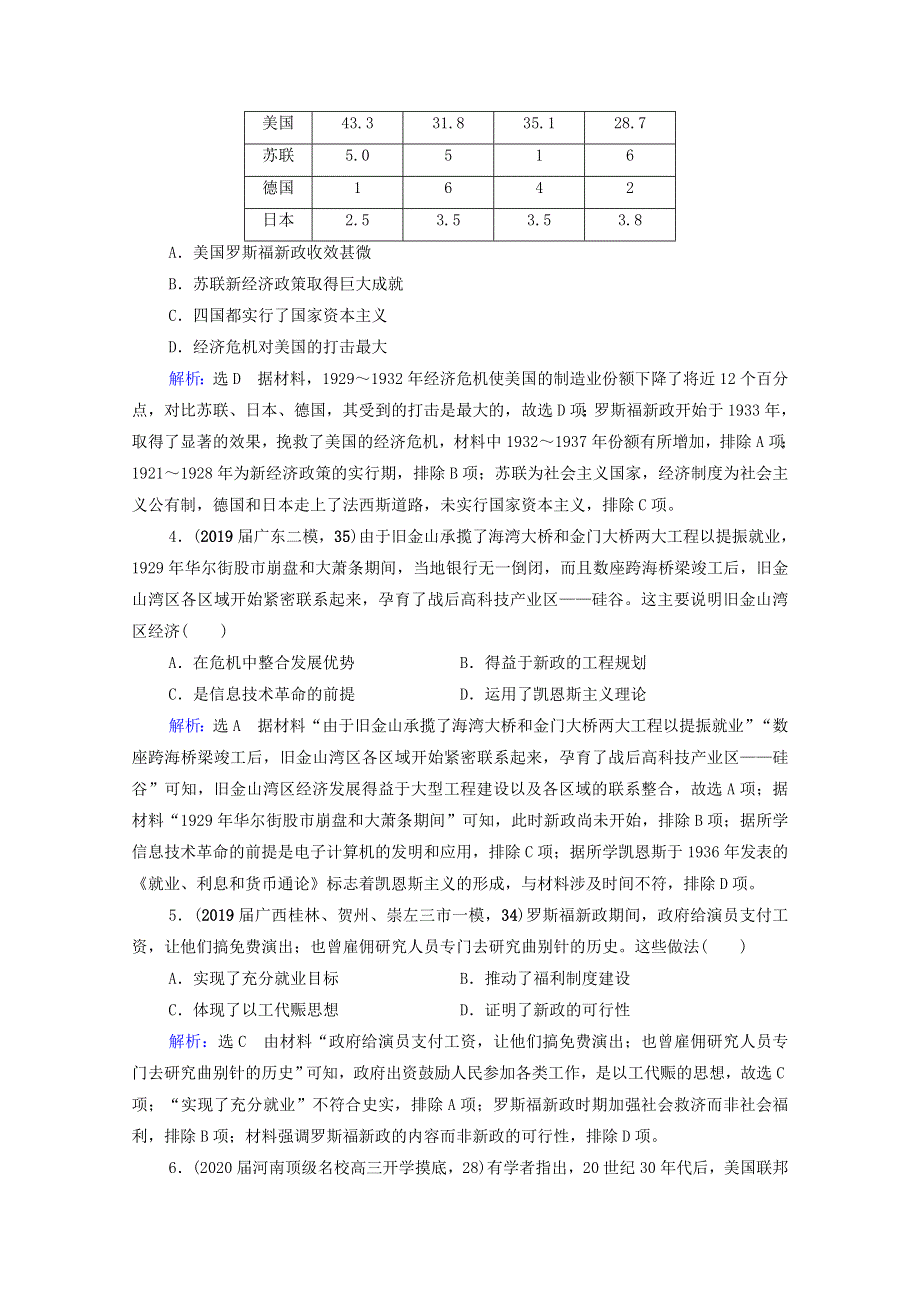 2021届高考历史一轮复习 模块2 专题9 各国经济体制的创新和调整 第27讲“自由放任”的美国与罗斯福新政课时跟踪（含解析）人民版.doc_第2页