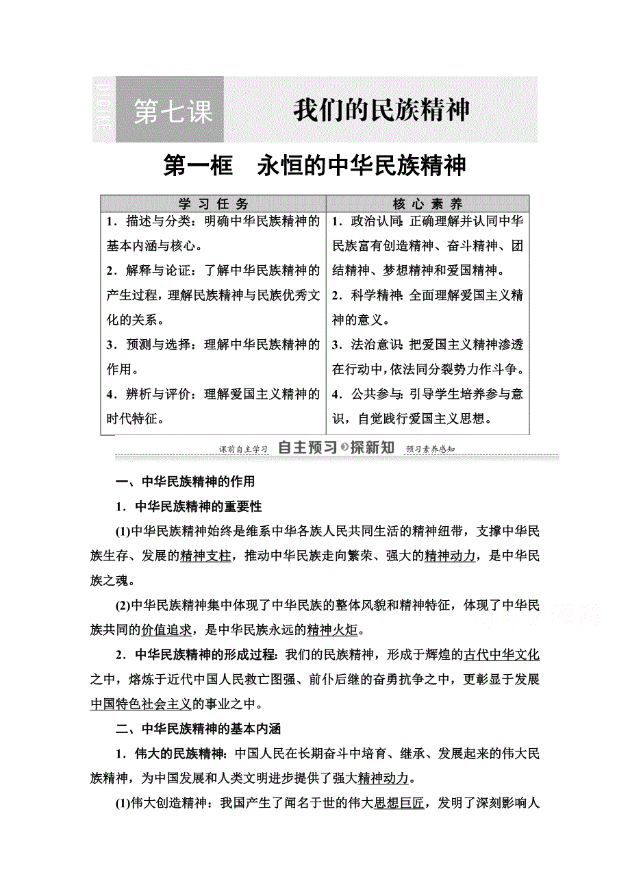 2020-2021学年政治人教版必修3教师用书：第3单元 第7课 第1框　永恒的中华民族精神 WORD版含解析.doc_第1页