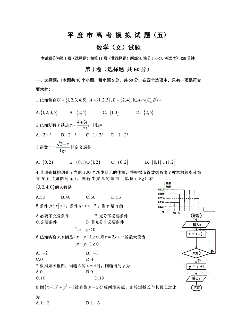 山东省平度市2016届高三毕业班模拟考试（五）数学（文）试题 WORD版含答案.doc_第1页