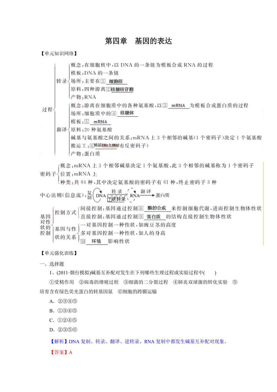 2012届高三生物一轮精品复习学案：第4章 基因的表达（单元复习）(人教版必修2）.doc_第1页