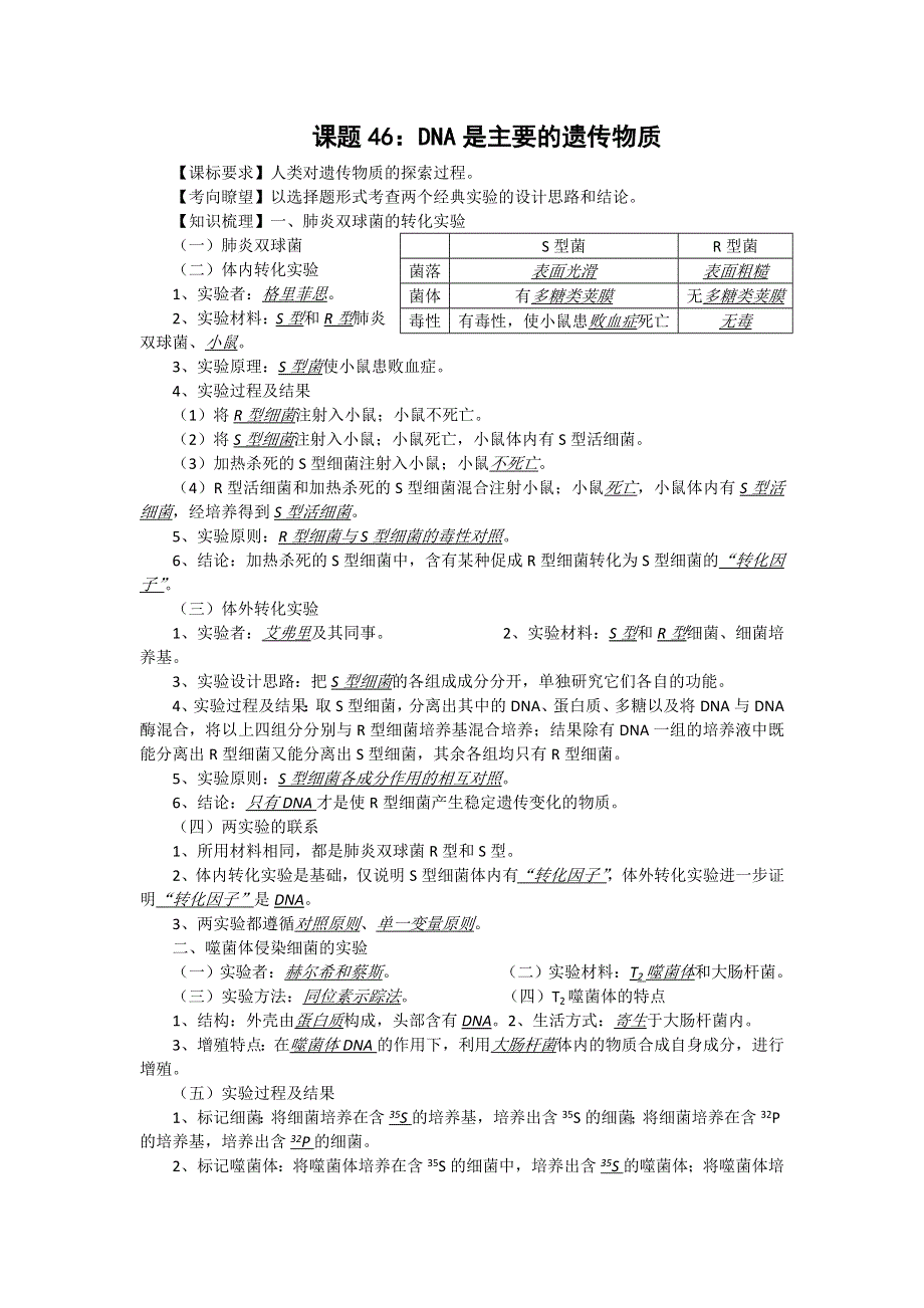 2012届高三生物中图版必修一同步讲练结合46：DNA是主要的遗传物质.doc_第1页