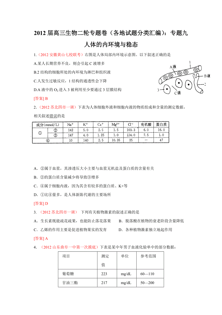2012届高三生物二轮专题卷（各地试题分类汇编）：专题九 人体的内环境与稳态.doc_第1页
