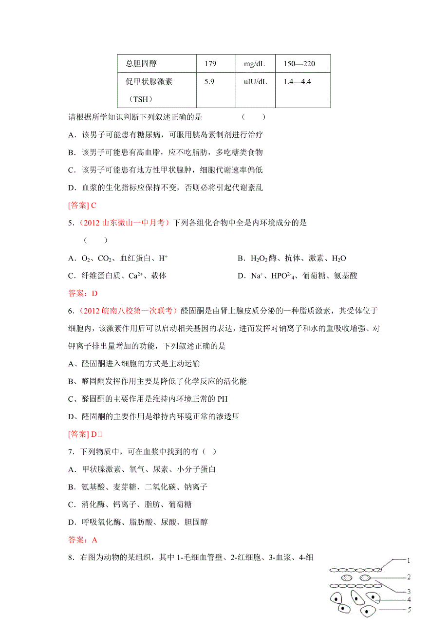 2012届高三生物二轮专题卷（各地试题分类汇编）：专题九 人体的内环境与稳态.doc_第2页